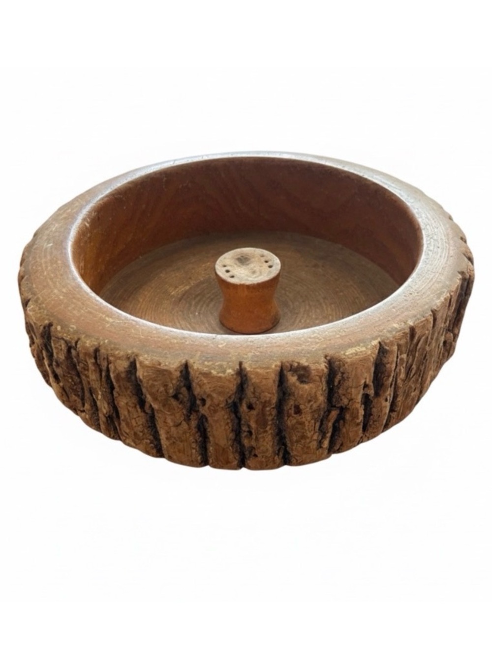 Vintage MCM Handcrafted Live Edge Bark Nut Bowl 9” MCM Rustic Wood Log Decor